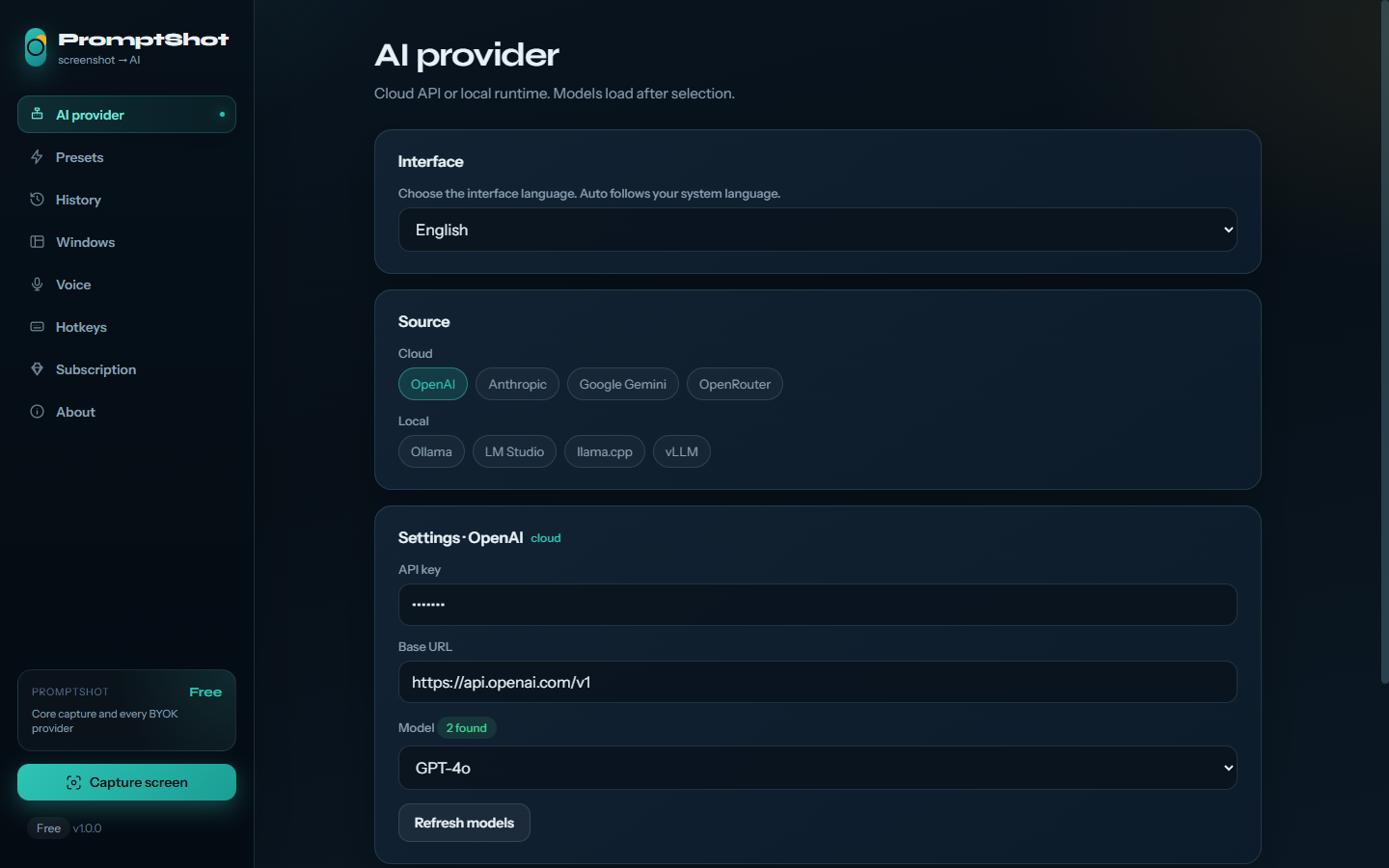 AI provider settings in PromptShot